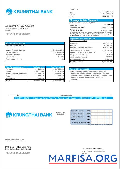 Realistic Thailand Krungthai bank mortgage statement in Word and PDF formats example
